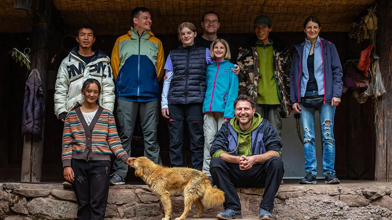 An international family enjoying a private ecotour with Cloud Mountain in Lijiang and Shangri-La, Yunnan, China.